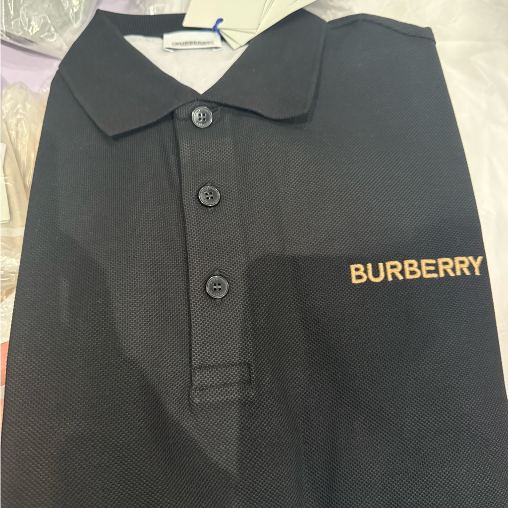 Burberry Black Polo With Gold Embroidered Logo Size Small
